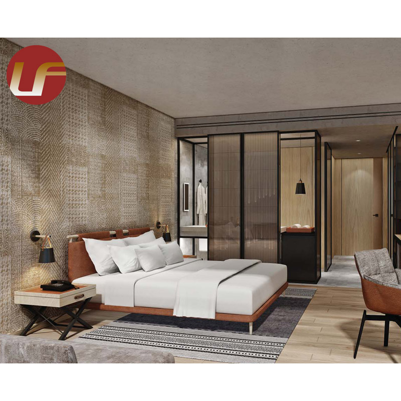 أثاث غرفة نوم فندق فاخر مصنوع من الخشب الصلب بحجم كينج وسرير جلدي